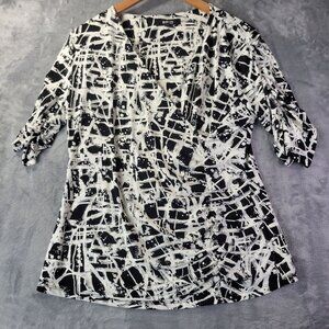 Style and Co Womens Petite XL Abstract Print Roll Tab Sleeve Blouse Black White